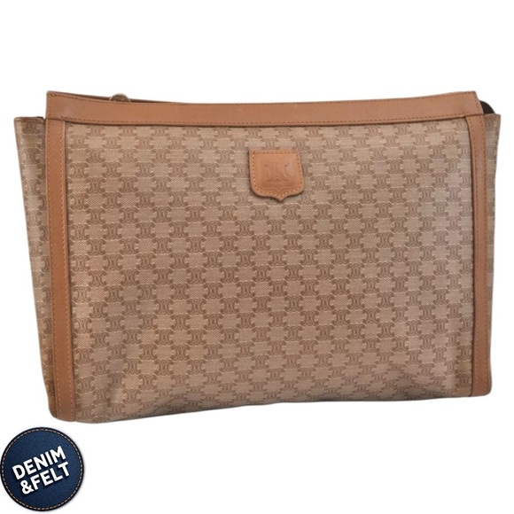 CELINE Macadam Tan/Brown Leather Blason Pattern Clutch/Hand Bag/Cosmetic Bag🤎 - Picture 1 of 16